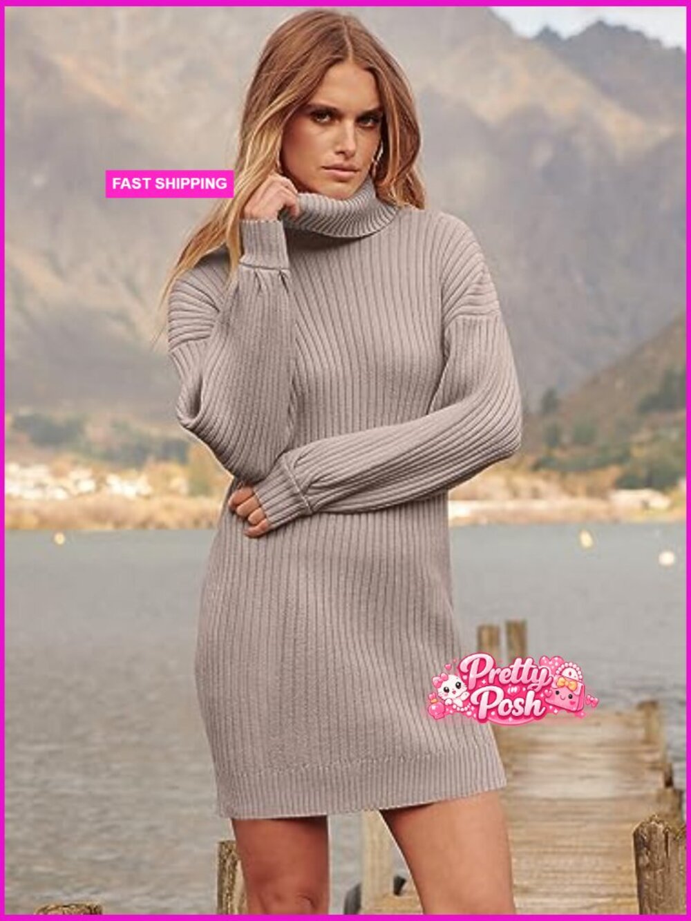 Oversized Sweater Dress Turtleneck Batwing Long Sleeve Ribbed Knit Loose Short - Picture 3 of 7